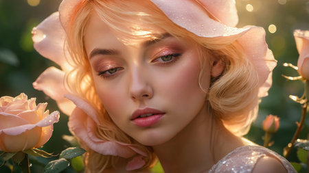 Young woman with soft makeup and blonde hair posing among pink roses in sunlight, romantic beauty portrait in garden atmosphereの素材