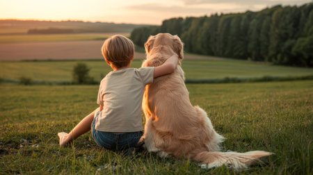 Kid and golden retriever sitting on grass and watching sunsetの素材