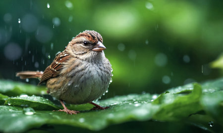 Sparrow sitting on green leaf in summer rain in the garden.の素材