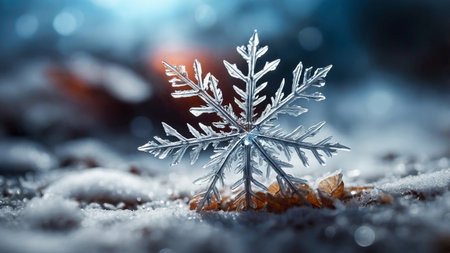 Macro shot of icy snowflake on sparkling snow.の素材