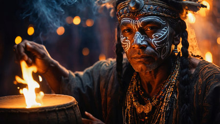 Portrait of shaman with ritual face patterns near fire.の素材
