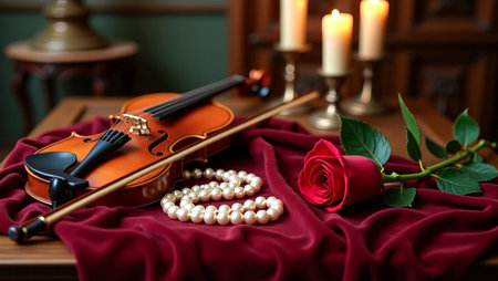Violin, rose and pearl necklace on velvet fabric with candles.の素材