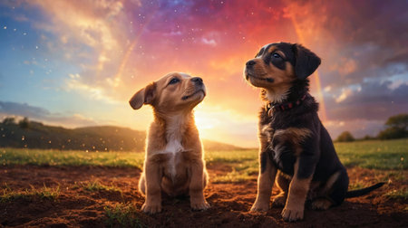 Two small puppies on field under evening sky with rainbow.の素材