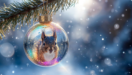 Reflection of a squirrel in a glass Christmas ball on a winter tree in the forestの素材