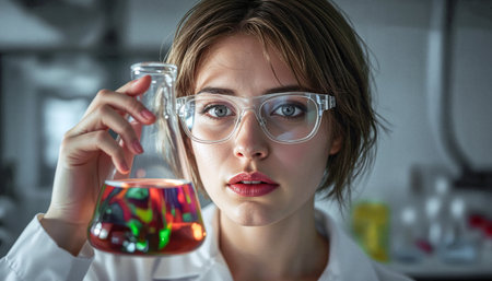 Female scientist holding a flask with solution in a laboratoryの素材