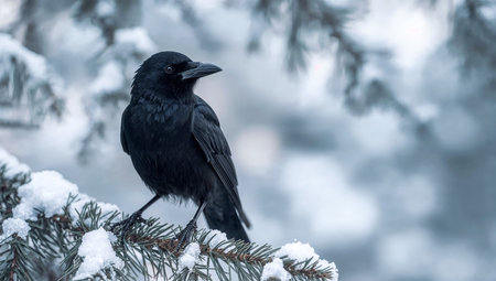 Crow on a snowy branch. Black bird in winterの素材