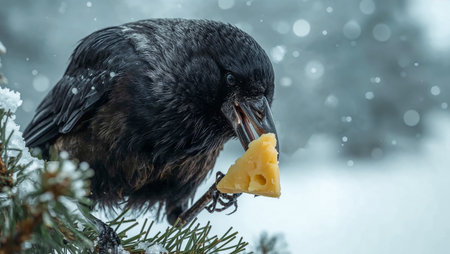 Crow eating cheese on a snow-covered conifer branchの素材