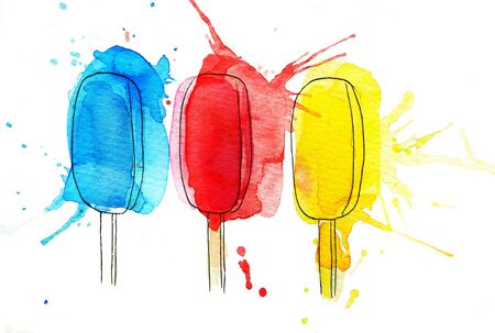 three ice cream watercolor illustrationの写真素材