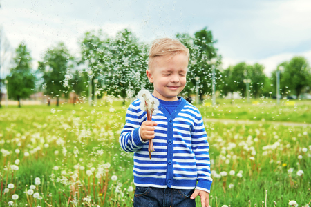 Happy smile kid standing in grass with dandelions. Dandelion seeds flying, green background. Beautiful caucasian child enjoyment. Portrait cute boy leisure in nature,outdoors.childhood. Lifestyle.の写真素材