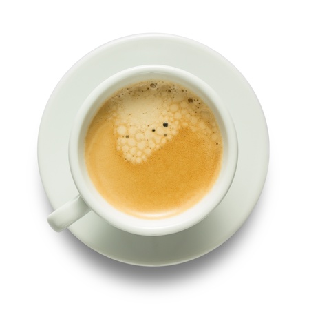 Top view of coffee cup isolated on whiteの写真素材