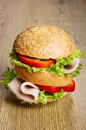 Hamburger on wooden tableの写真素材