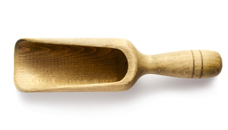 Old wooden scoop isolated on whiteの写真素材