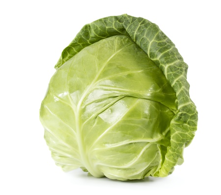 Whole fresh cabbage isolated on whiteの写真素材