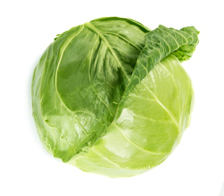 Whole fresh cabbage isolated on whiteの写真素材