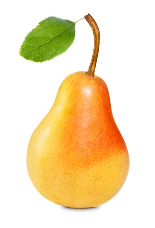 Ripe pear with green leaf isolated on whiteの写真素材