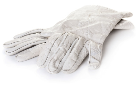Ladies white leather gloves, isolatedの写真素材