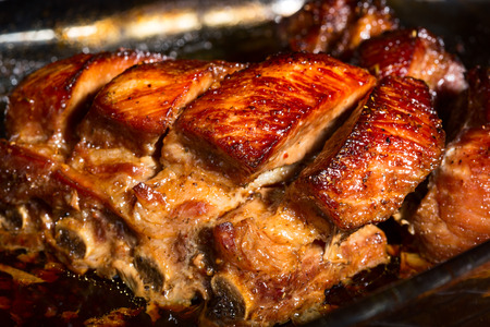Close up view of a group of delicious cooked marinated ribsの写真素材
