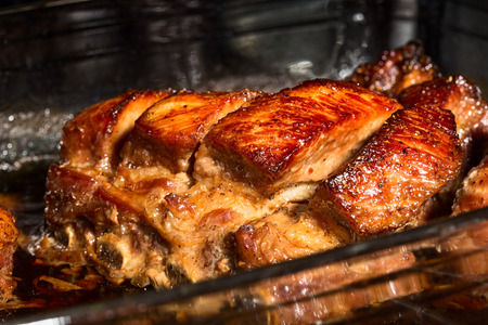 Close up view of a group of delicious cooked marinated ribsの写真素材