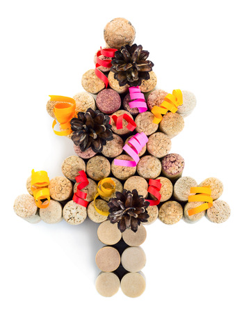 Christmas tree made from wine cork isolated on white backgroundの写真素材