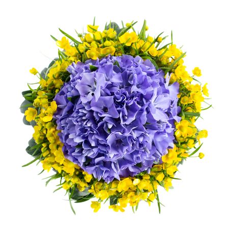 Bouquet of periwinkle and buttercup flowers isolated on white background