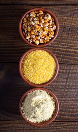 Corn seed, groats and flour, raw food conceptの写真素材