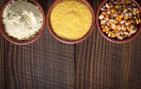 Corn seed, groats and flour, raw food conceptの写真素材