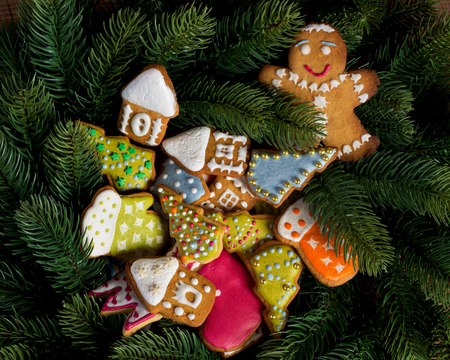 Christmas baking: ginger biscuit with fir decorationの写真素材