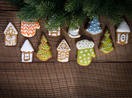 Christmas baking: ginger biscuit with fir decorationの写真素材