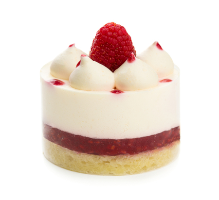 Sweet airy cake with raspberries and cream isolated on white backgroundの写真素材