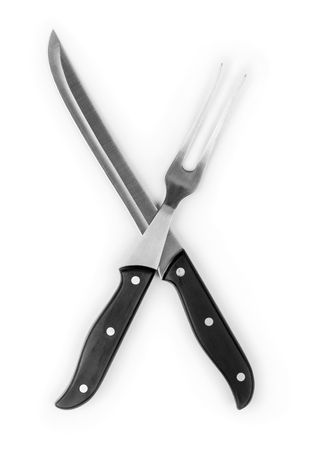 Steak cutlery set. Fork and knife isolated on white backgroundの写真素材