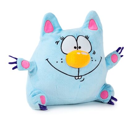Funny blue toy cat isolated on white backgroundの写真素材