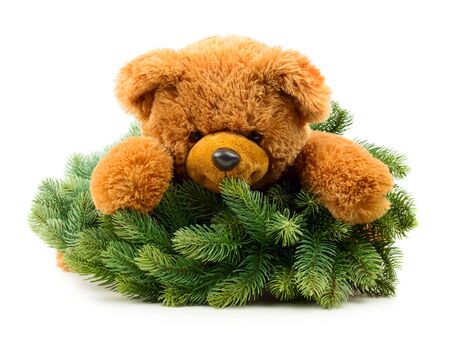 Teddy bear with Christmas wreath isolated on white backgroundの写真素材