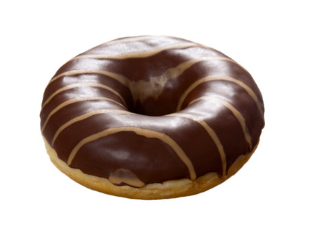 Donut covered with chocolate and caramel icing isolated on white backgroundの写真素材