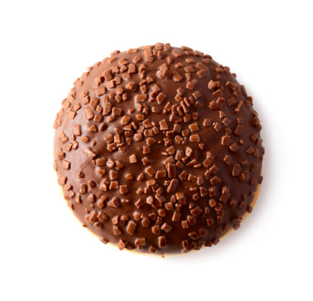 Top view of chocolate donut with chips isolated on white backgroundの写真素材