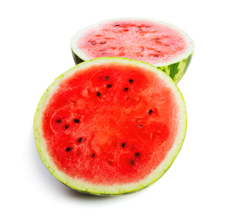 Close up view of watermelon slices isolated on white backgroundの写真素材