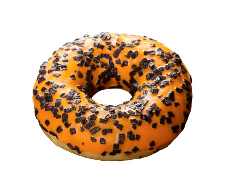 Glazed orange donut with chocolate isolated on white backgroundの写真素材