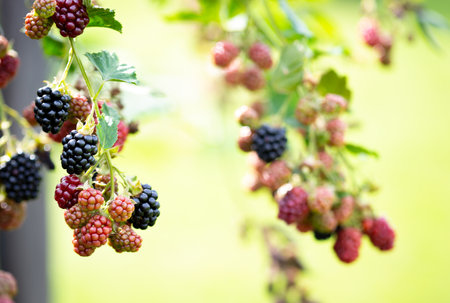 Ripe and unripe blackberries on the bush, berry backgroundの写真素材