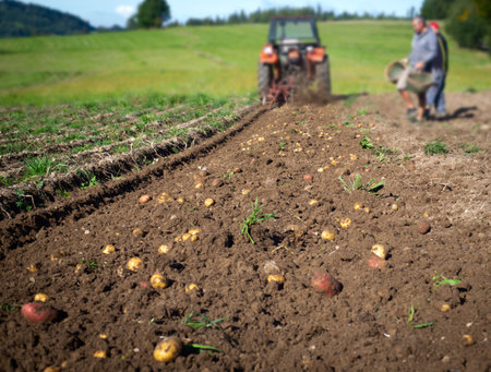 Close up view of working tractor on potatoes field, autumn harvestの写真素材