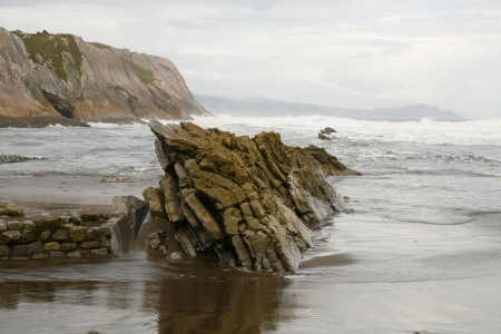 View of the beach and the Flysch of Zumaiaの写真素材