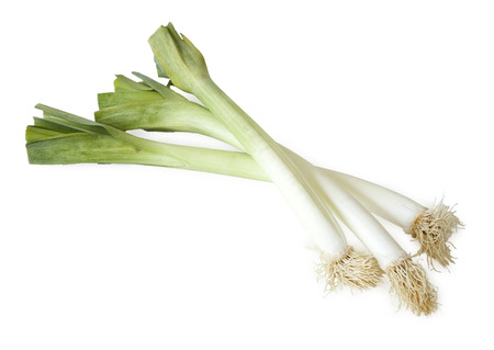 three leeks on white backgroundの写真素材