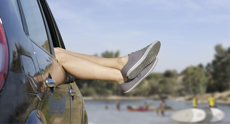 resting in the car during a sunny summer dayの写真素材