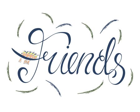 Vector illustration of hand drawn happy friendship day. Felicitation in fashion style with lettering text sign and color triangle for grunge effect isolated on white backgroundのイラスト素材