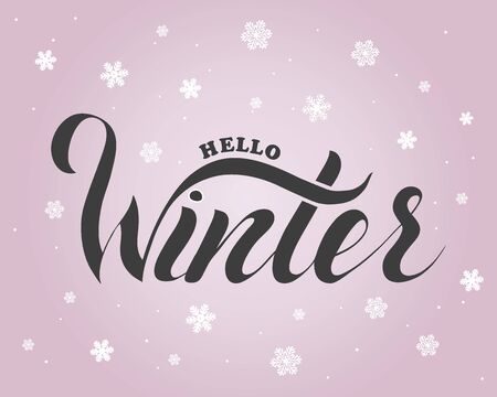 Hello winter text. Brush lettering at blue winter background with snowflakes and bokeh lights. Vector card design with custom calligraphyの写真素材