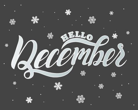 Hello december text. Brush lettering at night winter background with snowflakes. Vector card design with custom calligraphyのイラスト素材