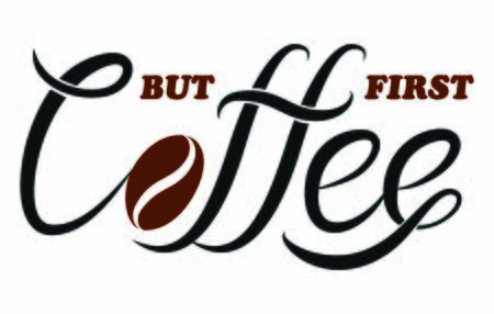 Styled greeting card for caffeine addicts, inspired by variety of coffee beverages. Seamless pattern with on one side. On another inscription: ok but first coffee. Vector template.のイラスト素材