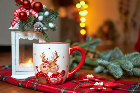 New Years Cup of hot drink in front of the Christmas tree on a red tablecloth stands near the candlestick. Winter holidays concept. Cozy relaxed magical atmosphere in the house.の写真素材