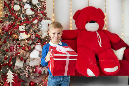 Christmas is fabulous, a little boy is holding a big red box with a present from Santa, against the background of a Christmas tree and a huge red teddy bear.の写真素材