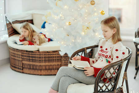 Two blonde schoolgirls are reading their storybook at home - child education. Beautiful children in casual clothes are reading a textbook while sitting in a bright room.の写真素材
