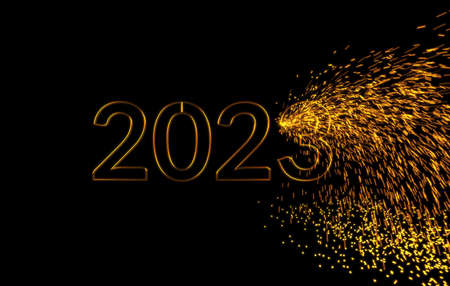 Happy New Year 2023. Festive illustration of 2023 golden metallic numbers and sparkling sequins on black background. Realistic 3d sign. Holiday poster or banner designの写真素材