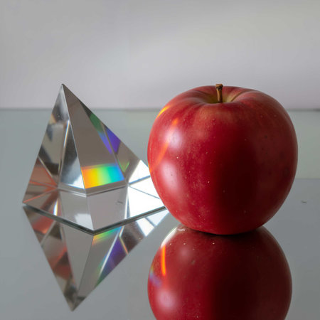 A red apple and a crystal pyramid on a mirror surface with reflectionの素材